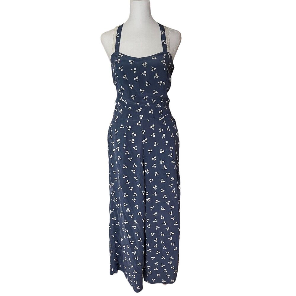 Amour Vert XS Maud Silk Jumpsuit Blue White Cherry Hill Print Wide Leg